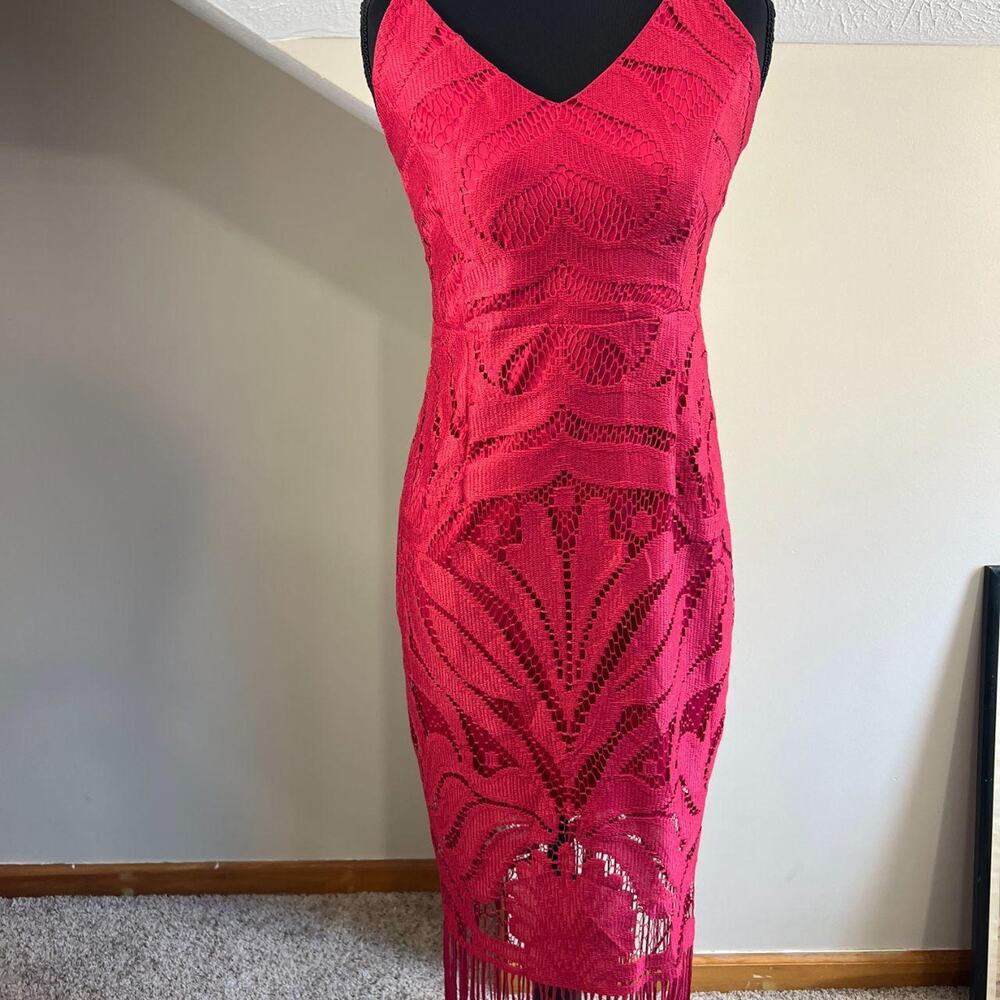 Two Sisters The Label Khaleesi Dress Midi Lace V Neck Tassel Fringe Hem Wine